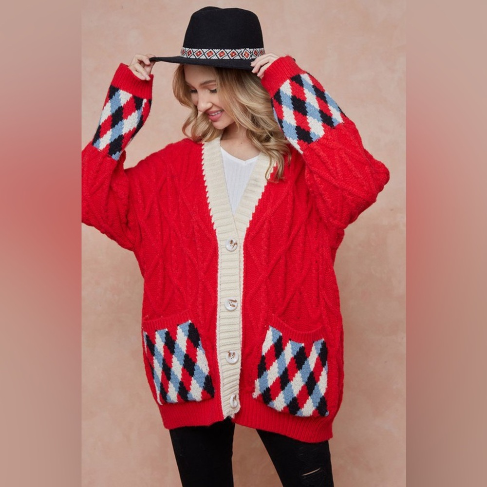 ⭐️⭐️. Long Sleeve Oversized Cable Knit Cardigan in Red